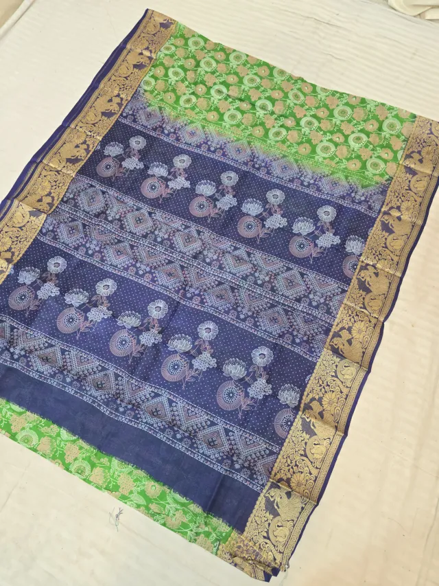 Parrot Green and Navy Blue Pure Bangalore Silk Baluchari Border Saree with Floral Bloom & Geometric Block Print Pallu