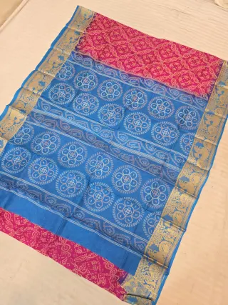 Rani Pink and Cyan Blue Pure Bangalore Silk Baluchari Border Saree with Bandhani Style Floral Chakra Block Print