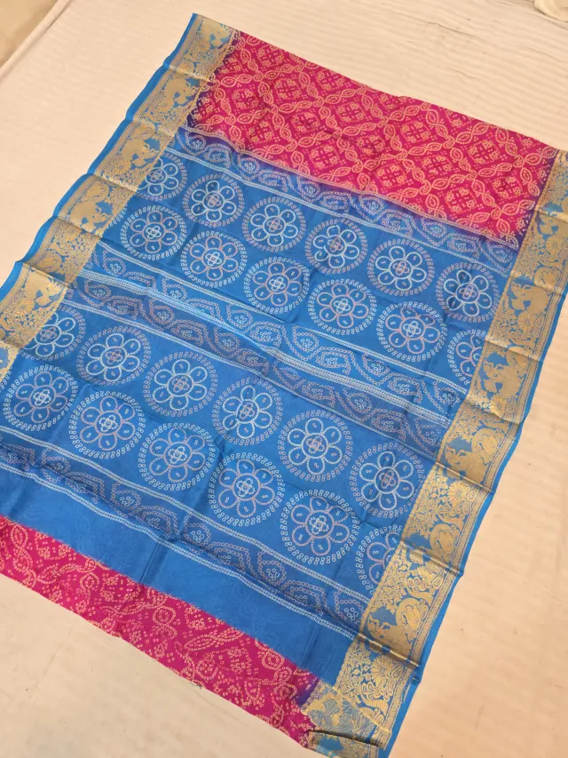 Rani Pink and Cyan Blue Pure Bangalore Silk Baluchari Border Saree with Bandhani Style Floral Chakra Block Print