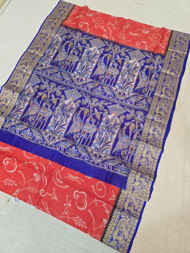 Vibrant Red and Royal Blue Pure Bangalore Silk Baluchari Border Saree with Tribal Block Print & Wildlife Tree of Life Pallu