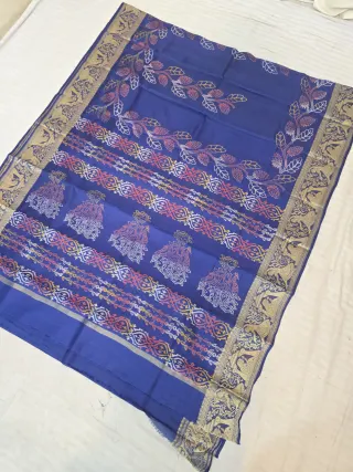 Royal Sapphire Blue Pure Bangalore Silk Baluchari Border Saree with Botanical Vine & Multi-Color Geometric Kalka Pallu