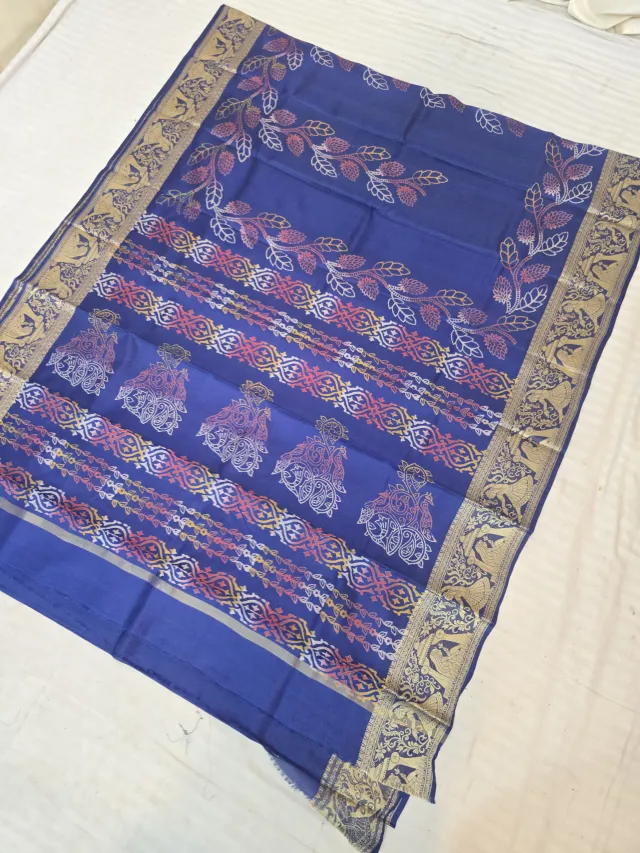 Royal Sapphire Blue Pure Bangalore Silk Baluchari Border Saree with Botanical Vine & Multi-Color Geometric Kalka Pallu