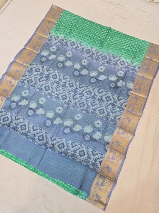 Emerald Green and Slate Grey-Blue Pure Bangalore Silk Baluchari Border Saree with Chevron Waves & Floral Bloom Block Print Pallu