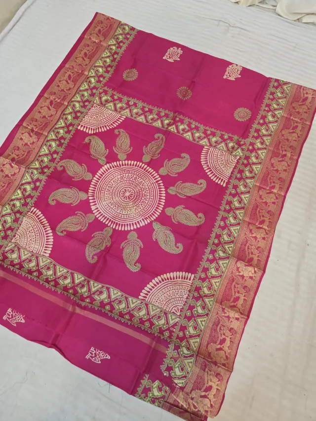 Rani Pink Pure Bangalore Silk Baluchari Border Saree with Block Print Mandala Pallu & Kalka Motifs