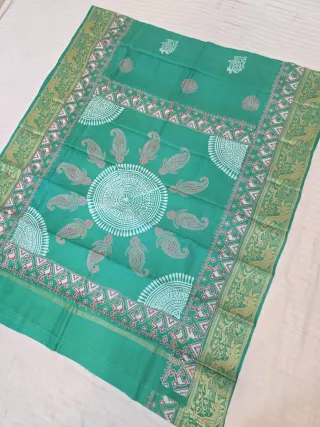 Sea Green Pure Bangalore Silk Baluchari Border Saree with Block Print Mandala Pallu & Kalka Motifs