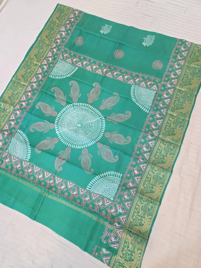 Sea Green Pure Bangalore Silk Baluchari Border Saree with Block Print Mandala Pallu & Kalka Motifs