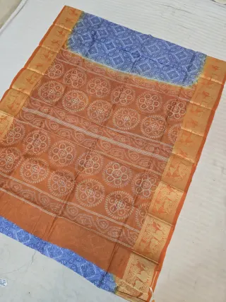 Periwinkle Blue and Rust Orange Pure Bangalore Silk Baluchari Border Saree with Bandhani Style Floral Chakra Block Print