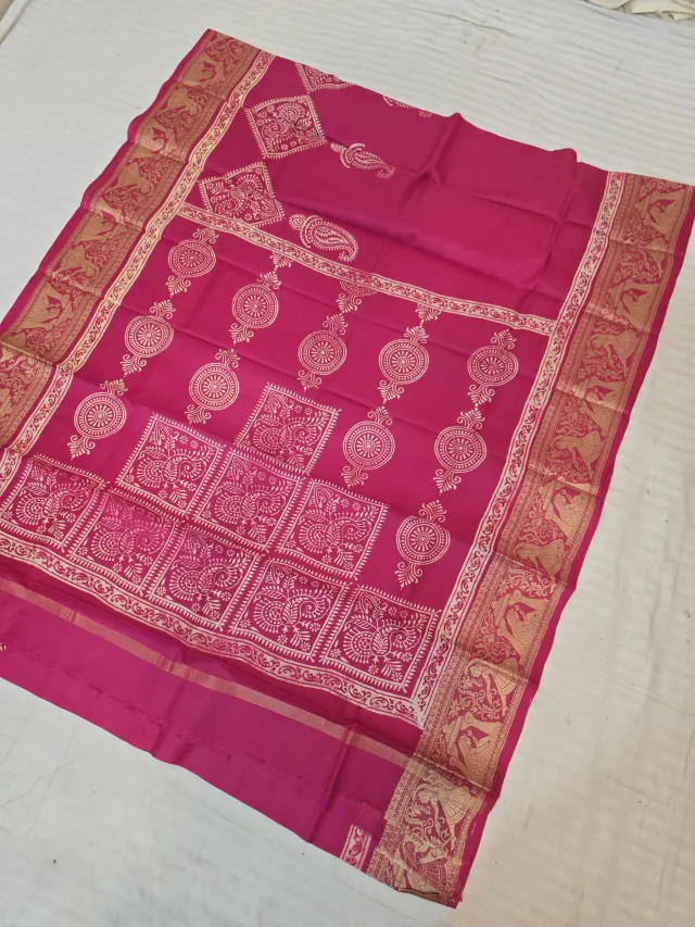 Magenta Rose Pure Bangalore Silk Baluchari Border Saree with Peacock Tile & Sunburst Medallion Block Print Pallu