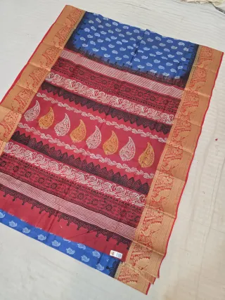 Royal Blue and Crimson Red Pure Bangalore Silk Baluchari Border Saree with Dual-Tone Kalka & Chevron Block Print Pallu