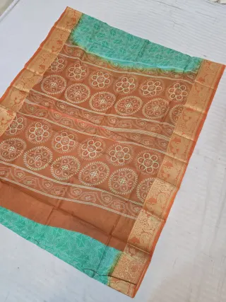 Sea Green and Rust Orange Pure Bangalore Silk Baluchari Border Saree with Bandhani Style Floral Chakra Block Print