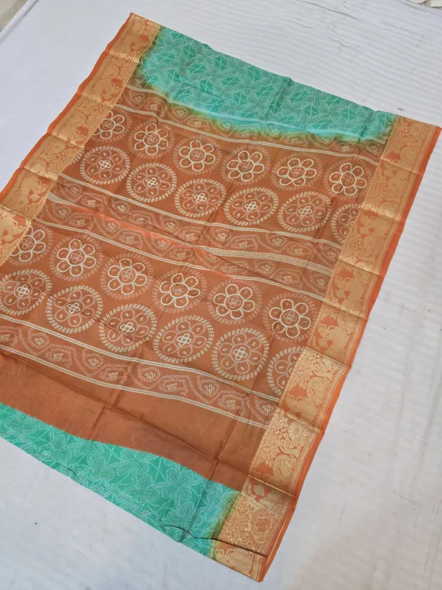 Sea Green and Rust Orange Pure Bangalore Silk Baluchari Border Saree with Bandhani Style Floral Chakra Block Print