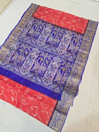 Vibrant Red and Royal Blue Pure Bangalore Silk Baluchari Border Saree with Tribal Block Print & Wildlife Tree of Life Pallu