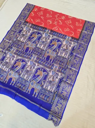 Scarlet Red and Royal Blue Pure Bangalore Silk Baluchari Border Saree with Tribal Calligraphic Print & Bankura Horse Pallu