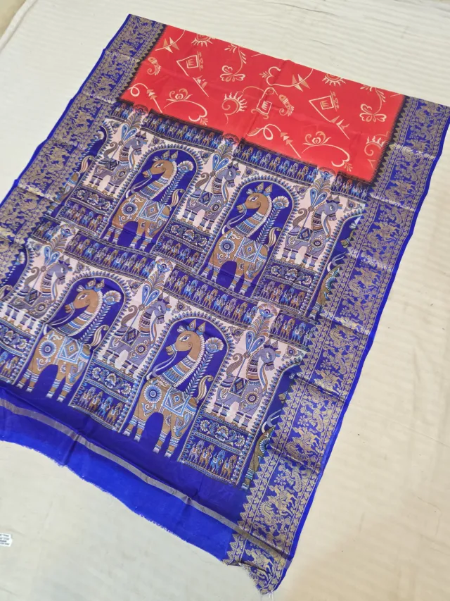Scarlet Red and Royal Blue Pure Bangalore Silk Baluchari Border Saree with Tribal Calligraphic Print & Bankura Horse Pallu