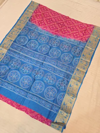 Rani Pink and Cyan Blue Pure Bangalore Silk Baluchari Border Saree with Bandhani Style Floral Chakra Block Print