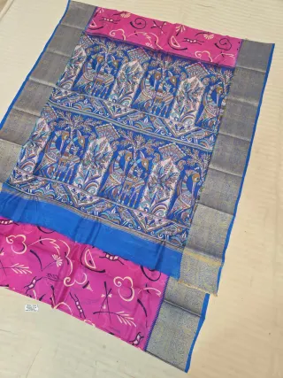 Rani Pink and Royal Blue Pure Bangalore Silk Baluchari Border Saree with Tribal Calligraphic Print & Wildlife Tree of Life Pallu