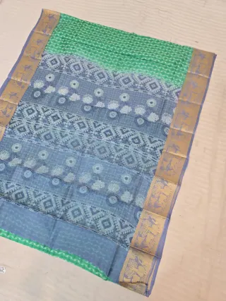 Emerald Green and Slate Grey-Blue Pure Bangalore Silk Baluchari Border Saree with Chevron Waves & Floral Bloom Block Print Pallu