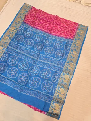 Rani Pink and Cyan Blue Pure Bangalore Silk Baluchari Border Saree with Bandhani Style Floral Chakra Block Print