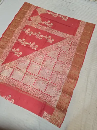 Vibrant Red Pure Bangalore Silk Baluchari Border Saree with Geometric Tile Chevron & Floral Vine Block Print