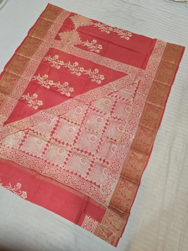 Vibrant Red Pure Bangalore Silk Baluchari Border Saree with Geometric Tile Chevron & Floral Vine Block Print