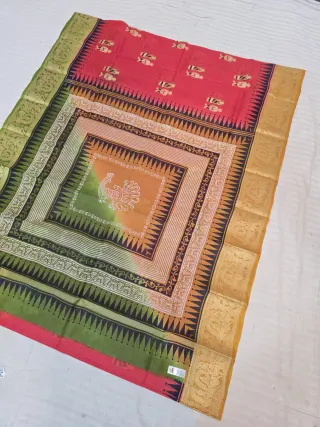 Vibrant Red Pure Bangalore Silk Baluchari Border Saree with Tribal Folk Figure Print & Concentric Peacock Mandala Pallu