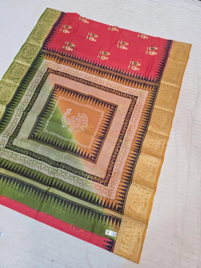 Vibrant Red Pure Bangalore Silk Baluchari Border Saree with Tribal Folk Figure Print & Concentric Peacock Mandala Pallu
