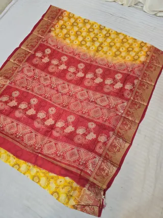 Marigold Yellow and Crimson Red Pure Bangalore Silk Baluchari Border Saree with Floral Bloom & Geometric Block Print Pallu