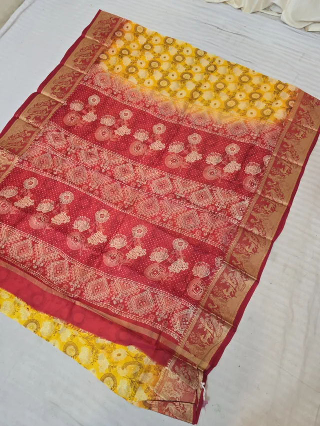 Marigold Yellow and Crimson Red Pure Bangalore Silk Baluchari Border Saree with Floral Bloom & Geometric Block Print Pallu