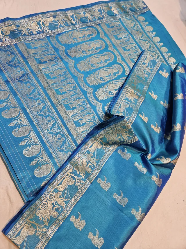 Peacock Teal Blue Pure Bishnupur Silk Swarnachuri Saree with Woven Gold Zari Royal Chariot Border & Mythological Narrative Pallu