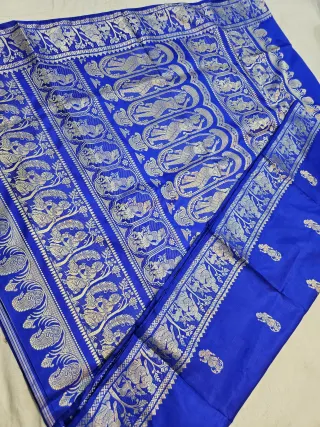 Royal Sapphire Blue Pure Bishnupur Silk Baluchari Saree with Woven Courtly Figures Border & Narrative Durbar Pallu