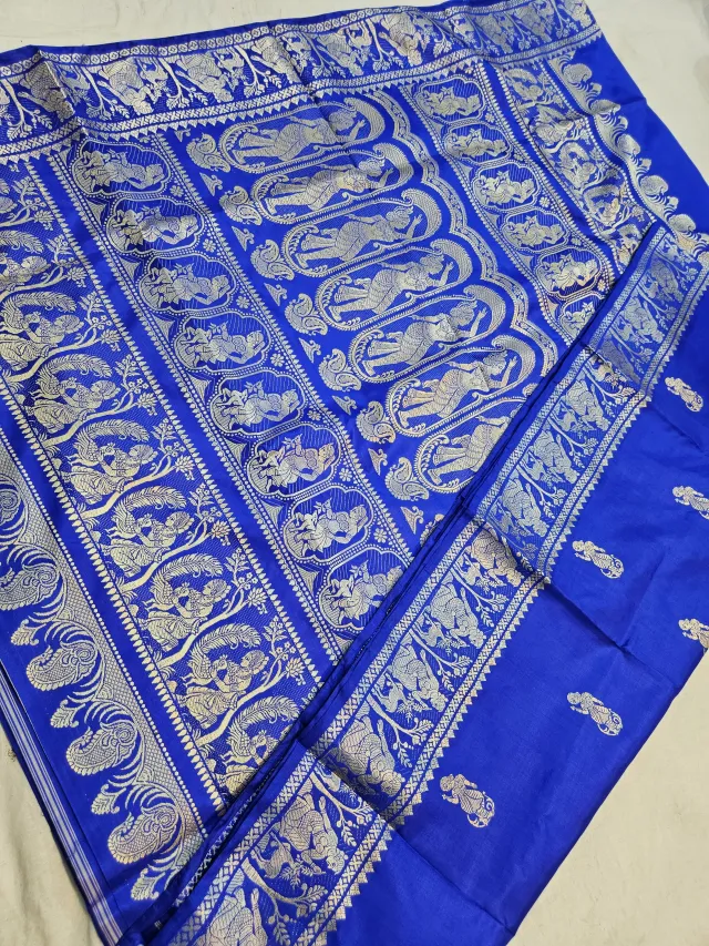 Royal Sapphire Blue Pure Bishnupur Silk Baluchari Saree with Woven Courtly Figures Border & Narrative Durbar Pallu