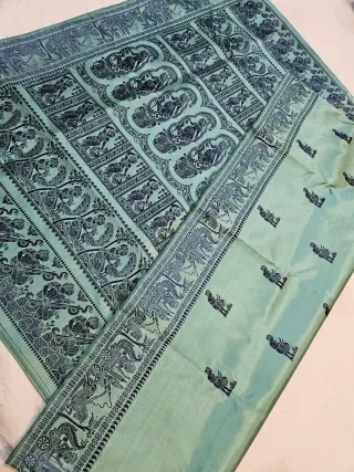 Seafoam Mint Green Pure Bishnupur Silk Baluchari Saree with Woven Courtly Chariot Border & Narrative Durbar Pallu