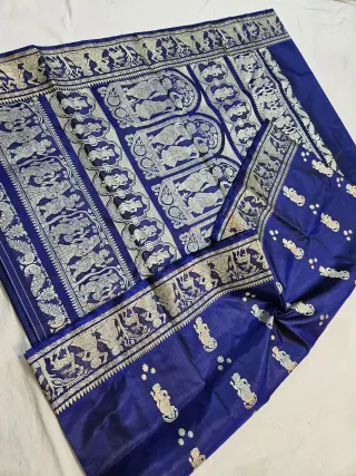 Royal Sapphire Blue Pure Bishnupur Silk Baluchari Saree with Woven Courtly Figures Border & Durbar Narrative Pallu