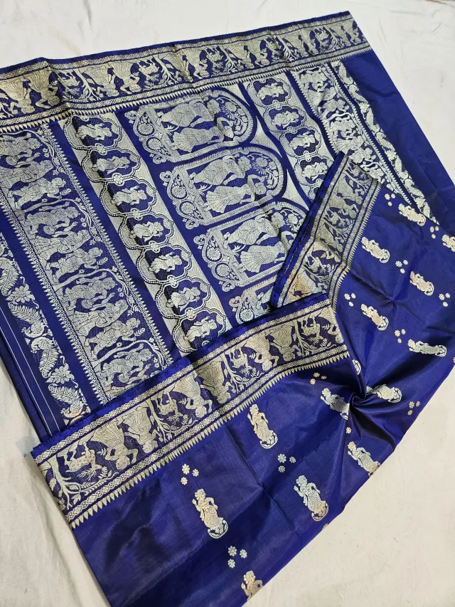 Royal Sapphire Blue Pure Bishnupur Silk Baluchari Saree with Woven Courtly Figures Border & Durbar Narrative Pallu