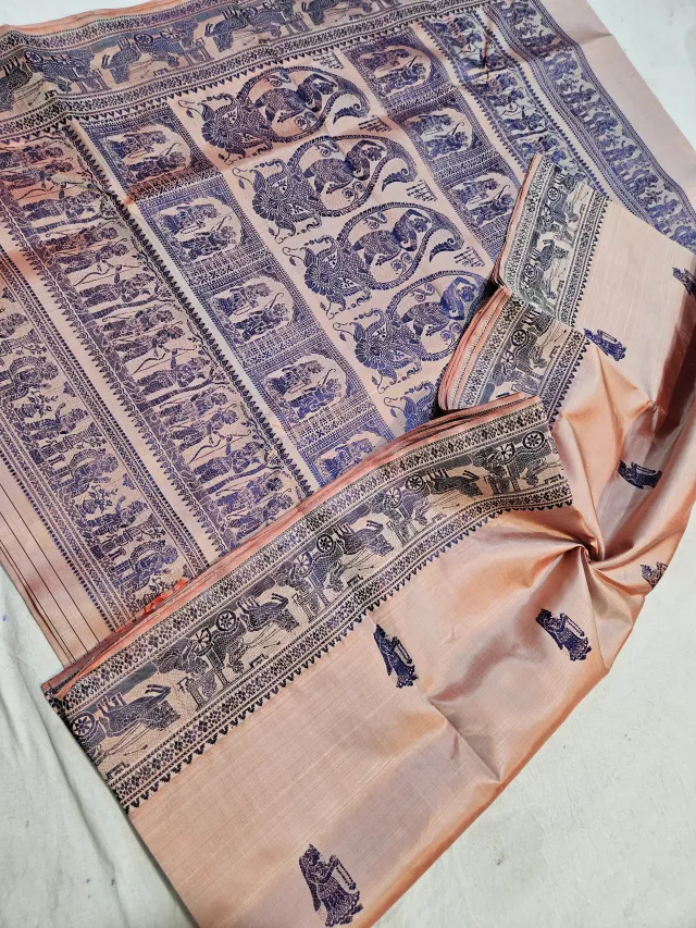 Blush Peach Pure Bishnupur Silk Swarnachari Saree with Royal Chariot Border & Grand Kalka Durbar Narrative Pallu