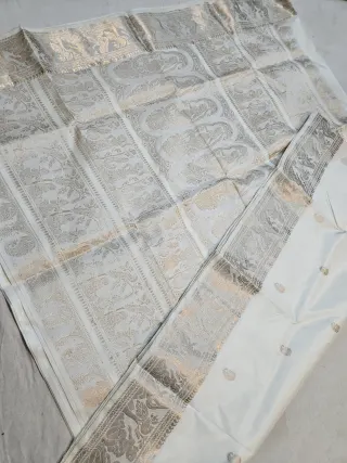 Off-White Pure Bishnupur Silk Baluchari Saree with Woven Courtly Figures Border & Durbar Narrative Pallu