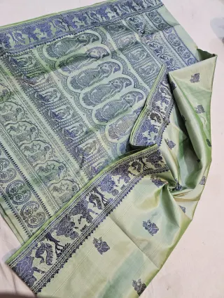 Pista Green Pure Bishnupur Silk Baluchari Saree with Woven Courtly Figures Border & Grand Kalka Narrative Pallu