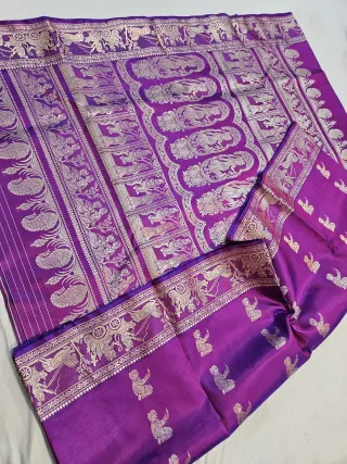 Royal Violet Pure Bishnupur Silk Baluchari Saree with Woven Royal Chariot Border & Durbar Narrative Pallu