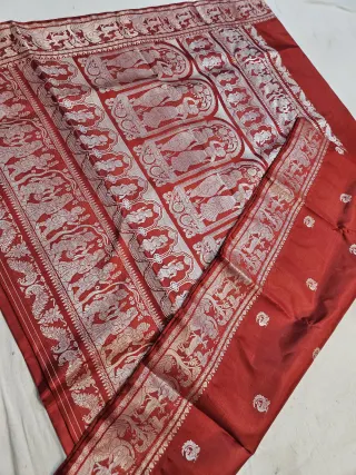 Crimson Red Pure Bishnupur Silk Baluchari Saree with Woven Courtly Figures Border & Durbar Narrative Pallu