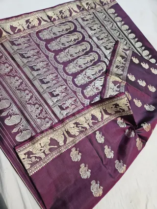 Plum Purple Pure Bishnupur Silk Baluchari Saree with Woven Courtly Figures Border & Durbar Narrative Pallu