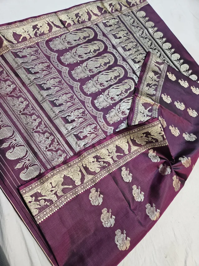 Plum Purple Pure Bishnupur Silk Baluchari Saree with Woven Courtly Figures Border & Durbar Narrative Pallu