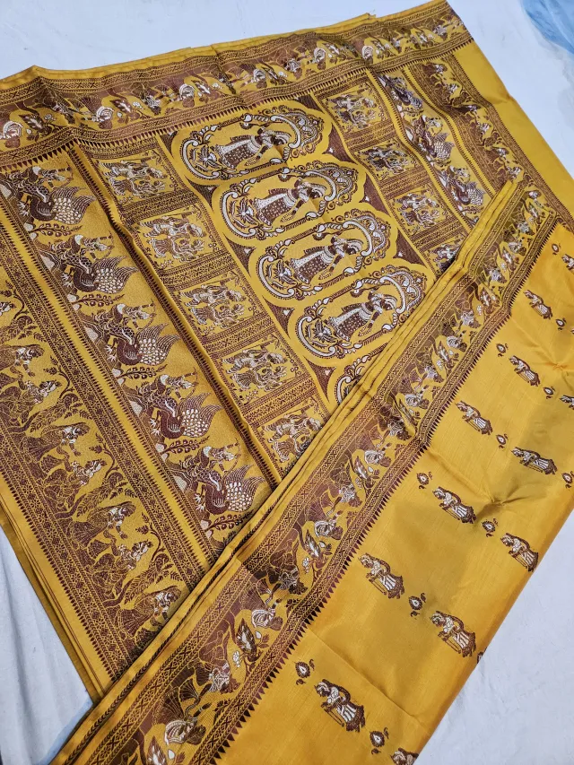 Mustard Yellow Pure Bishnupur Silk Baluchari Saree with Woven Courtly Figures Border & Durbar Narrative Pallu