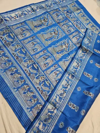 Firoza Blue Pure Bishnupur Silk Swarnachari Saree with Meenakari Courtly Figures Border & Durbar Narrative Pallu