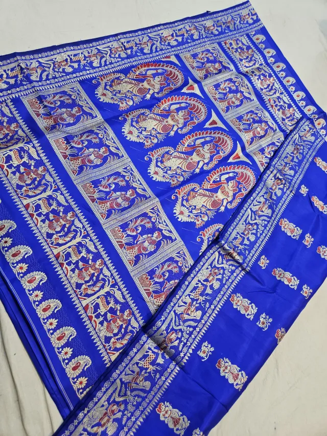 Royal Blue Pure Bishnupur Silk Swarnachari Saree with Woven Gold Zari Courtly Figures Border & Grand Kalka Durbar Pallu