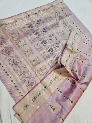 Dusty Lilac Mauve Pure Bishnupur Silk Swarnachari Saree with Meenakari Courtly Figures Border & Durbar Narrative Pallu
