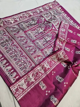 Magenta Wine Pure Bishnupur Silk Baluchari Saree with Meenakari Courtly Figures Border & Durbar Narrative Pallu
