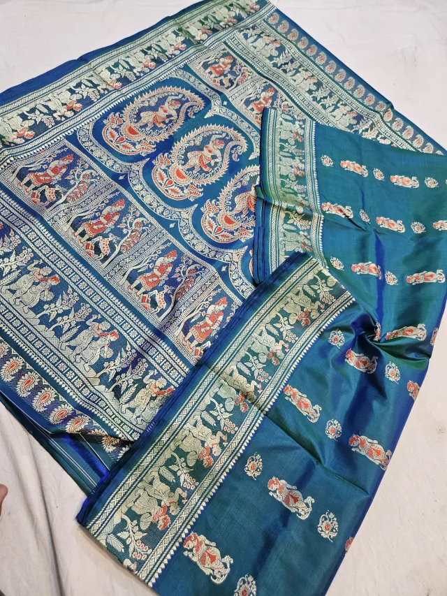 Peacock Teal Blue Pure Bishnupur Silk Swarnachari Saree with Meenakari Courtly Figures Border & Grand Kalka Narrative Pallu