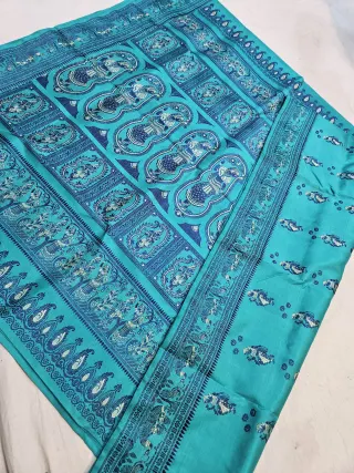 Turquoise Cyan Pure Bishnupur Silk Baluchari Saree with Woven Courtly Figures Border & Grand Kalka Narrative Pallu