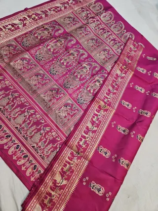 Rani Pink Pure Bishnupur Silk Swarnachari Saree with Woven Gold Zari Courtly Figures Border & Grand Kalka Durbar Pallu
