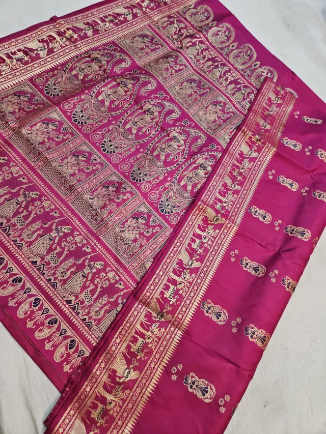 Rani Pink Pure Bishnupur Silk Swarnachari Saree with Woven Gold Zari Courtly Figures Border & Grand Kalka Durbar Pallu